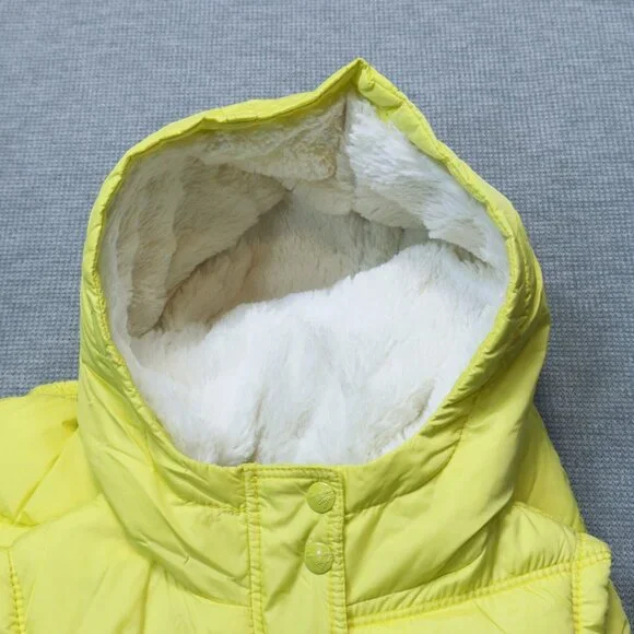 American Eagle Womens Yellow Puffer Vest Faux Fur Hooded Zip Pockets Size Small - Picture 8 of 16